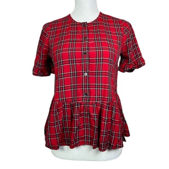 Madewell Studio Ruffle-Hem Top in Clanton Plaid Women's size XXS Red Black - Picture 2 of 8